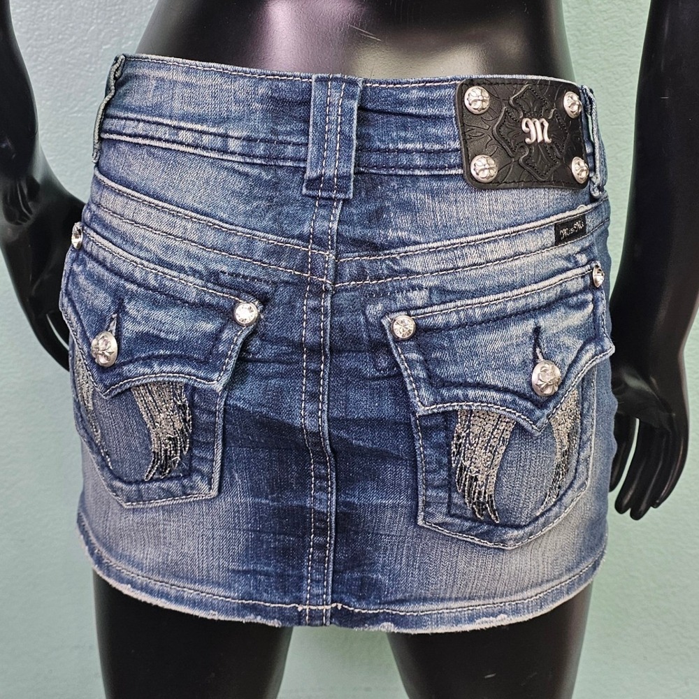 Miss Me JP5082I13 Size 25 Denim Mini Skirt Bling Sequin Wing Pockets Western